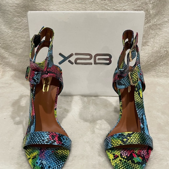 X2B colorful snakeskin double strap stiletto heels gold hardware hot pink - Picture 10 of 10